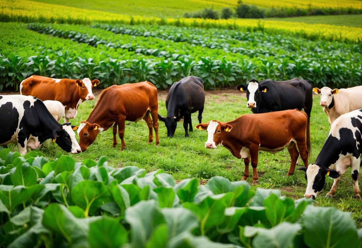 A lush farm with diverse crops and happy animals grazing freely, demonstrating the benefits of ethical farming practices for both animals and consumers