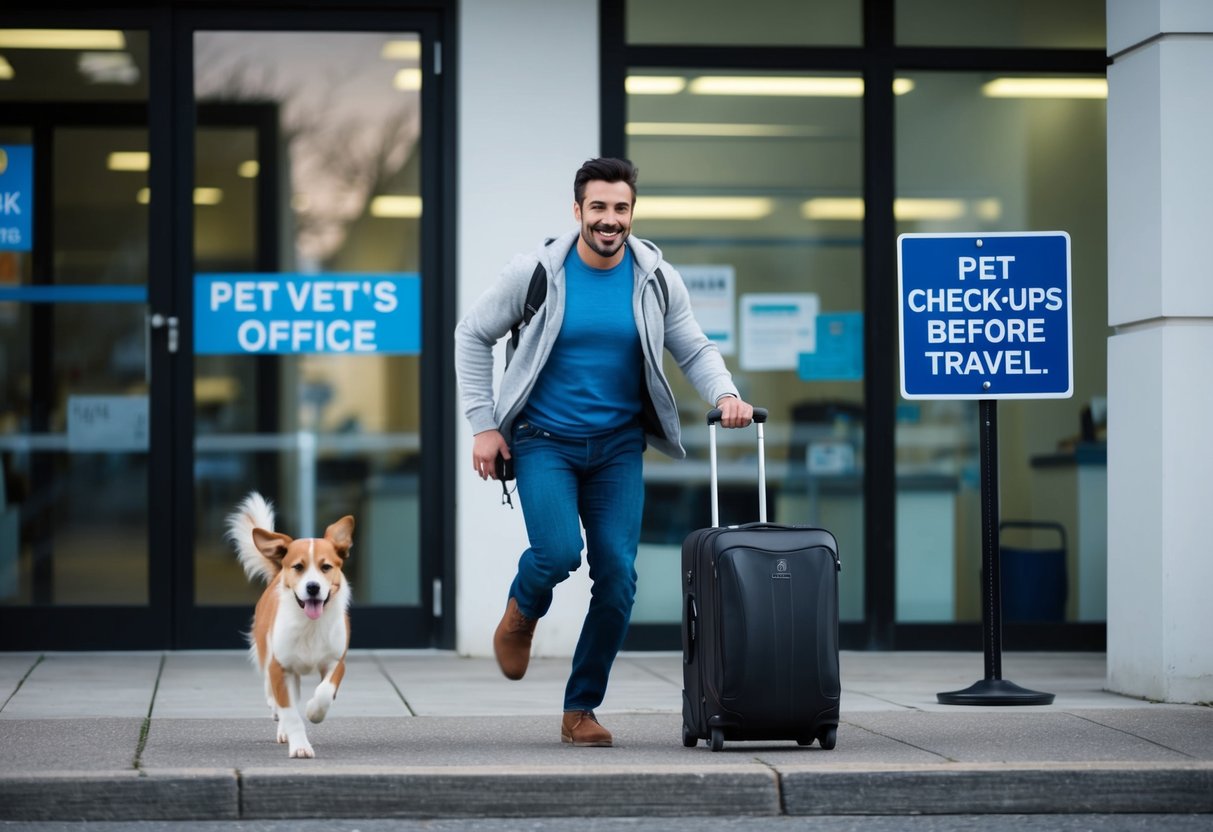 A pet owner rushing past a vet's office with a suitcase, ignoring the sign for "Pet Check-Ups Before Travel" as their dog eagerly follows