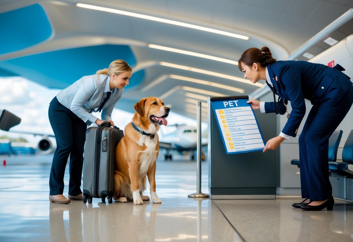 A traveler with a large pet tries to board a plane, but is stopped by an airline employee pointing to a list of pet policies