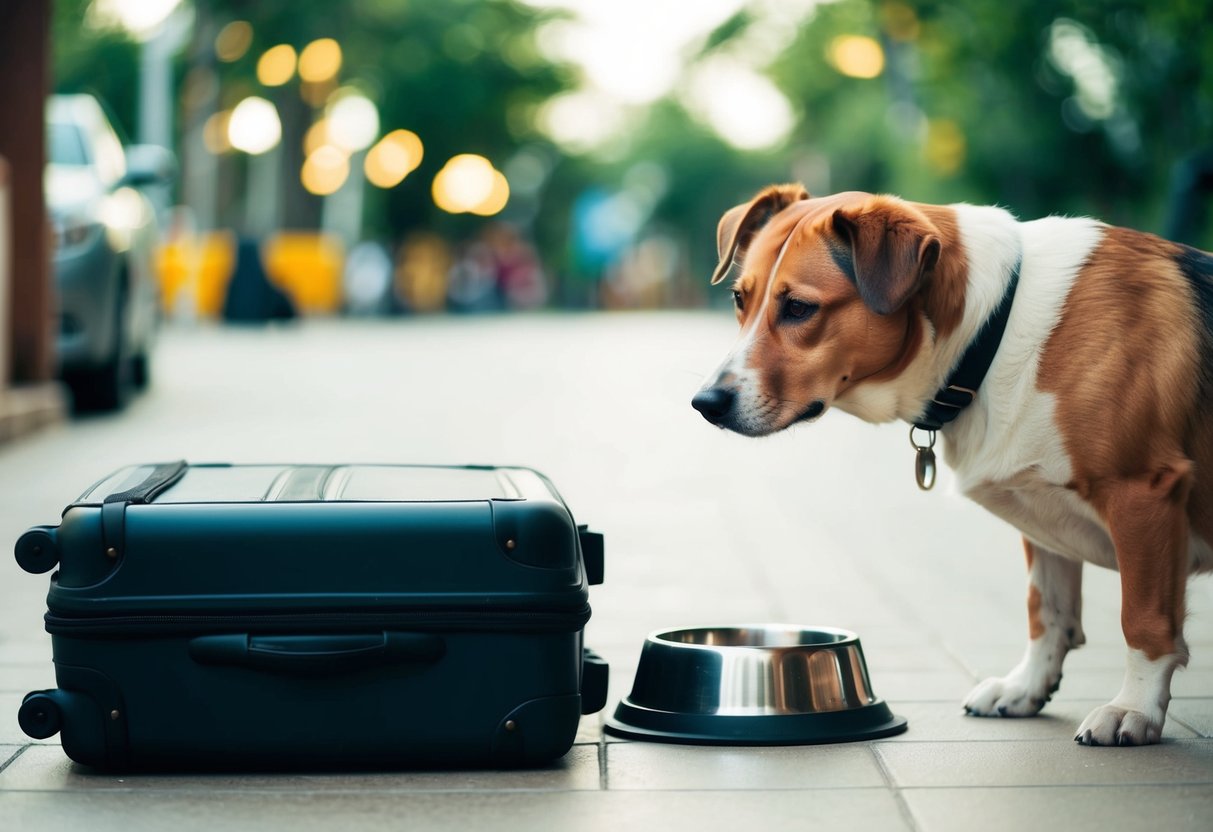 A dog looks longingly at an empty food and water bowl next to a suitcase, hinting at the common mistake of not bringing enough supplies when traveling with pets