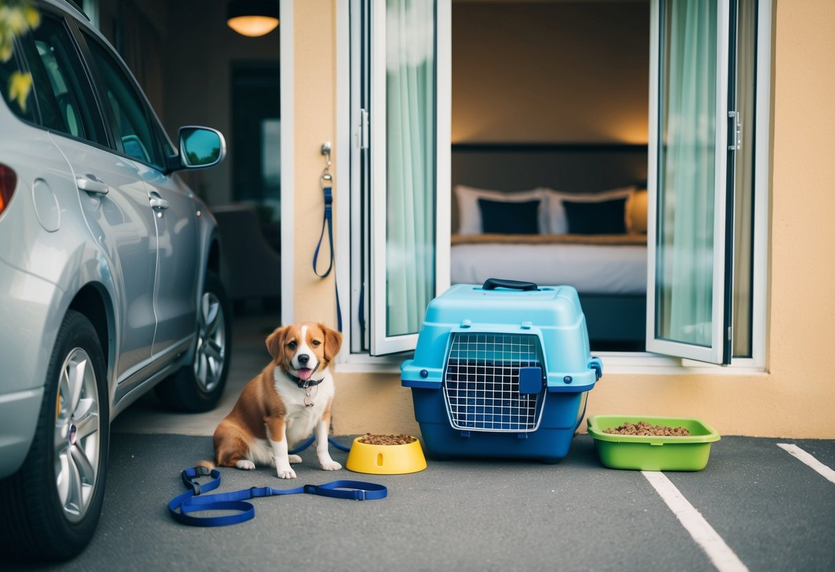 A family car parked at a pet-friendly hotel with a leash, food bowl, and pet carrier by the door. An open window shows a cozy room with a pet bed and water bowl