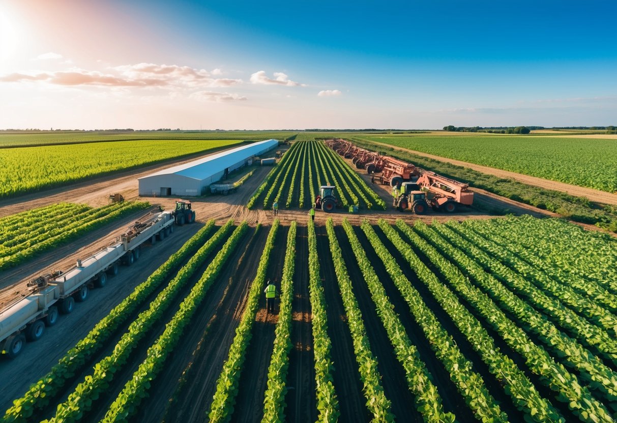 A sprawling industrial farm with rows of crops, large machinery, and workers tending to the fields under a bright blue sky