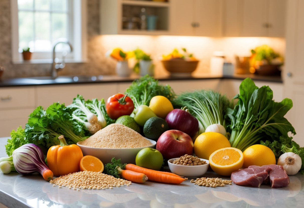 A variety of fresh ingredients and wholesome foods arranged on a kitchen counter, including vegetables, fruits, grains, and lean meats, ready to be prepared into homemade pet food