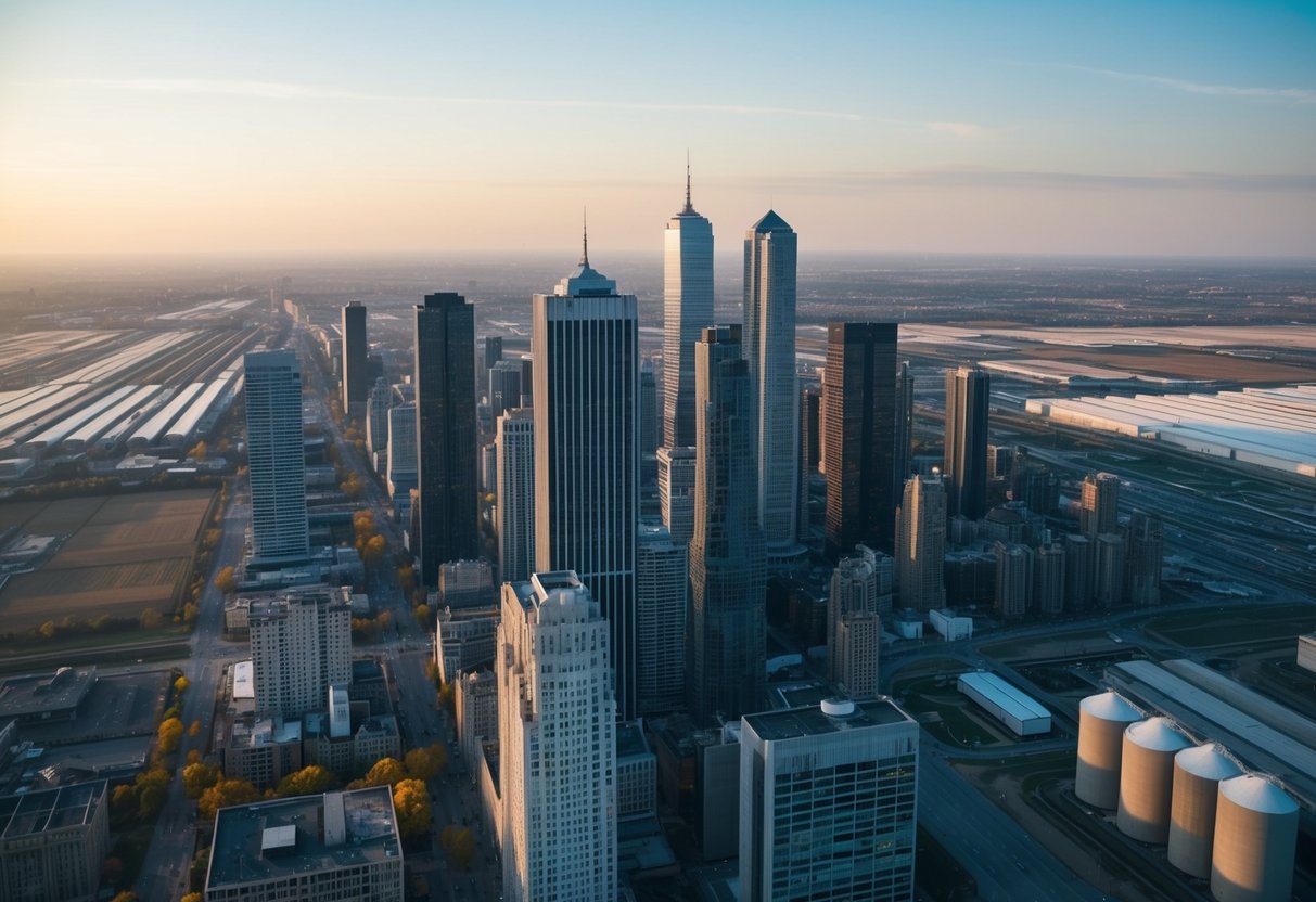 A bustling city with towering skyscrapers surrounded by vast, industrialized farmland stretching to the horizon