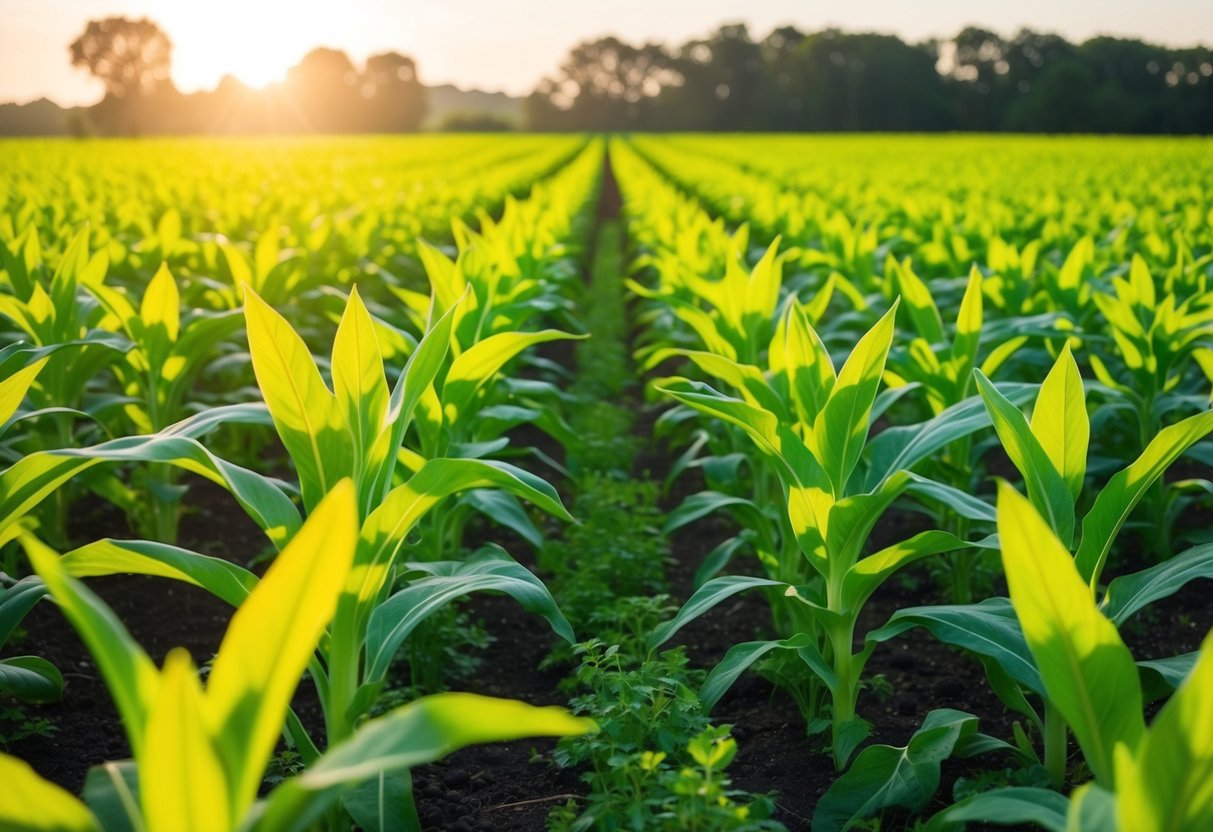 A lush, vibrant field of genetically modified crops thriving under the sun, surrounded by healthy soil and natural wildlife