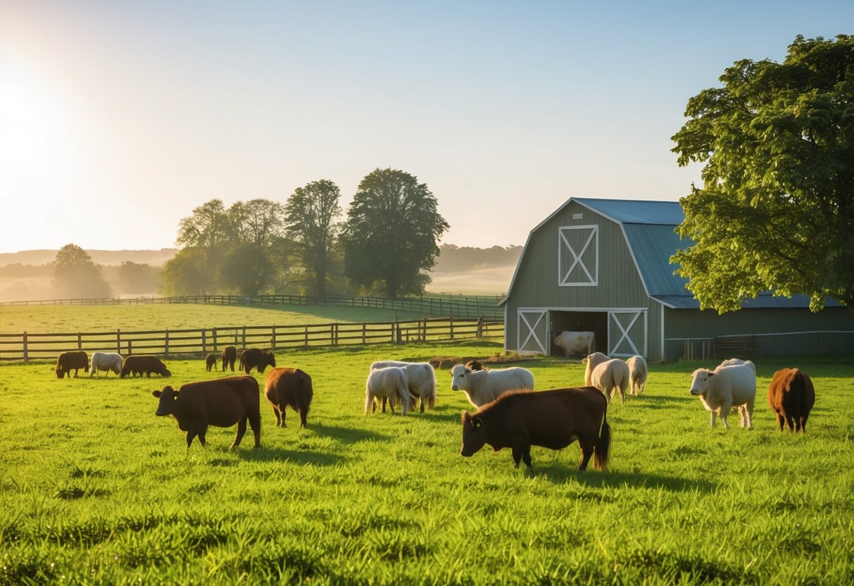 A serene, sunlit farm with free-roaming animals, lush green pastures, and sustainable farming practices