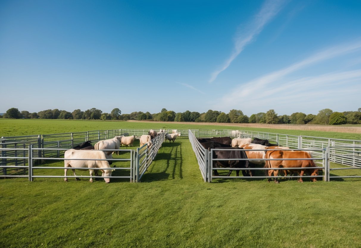 Animals in clean, spacious enclosures, surrounded by green fields and clear blue skies. Happy and healthy livestock grazing peacefully