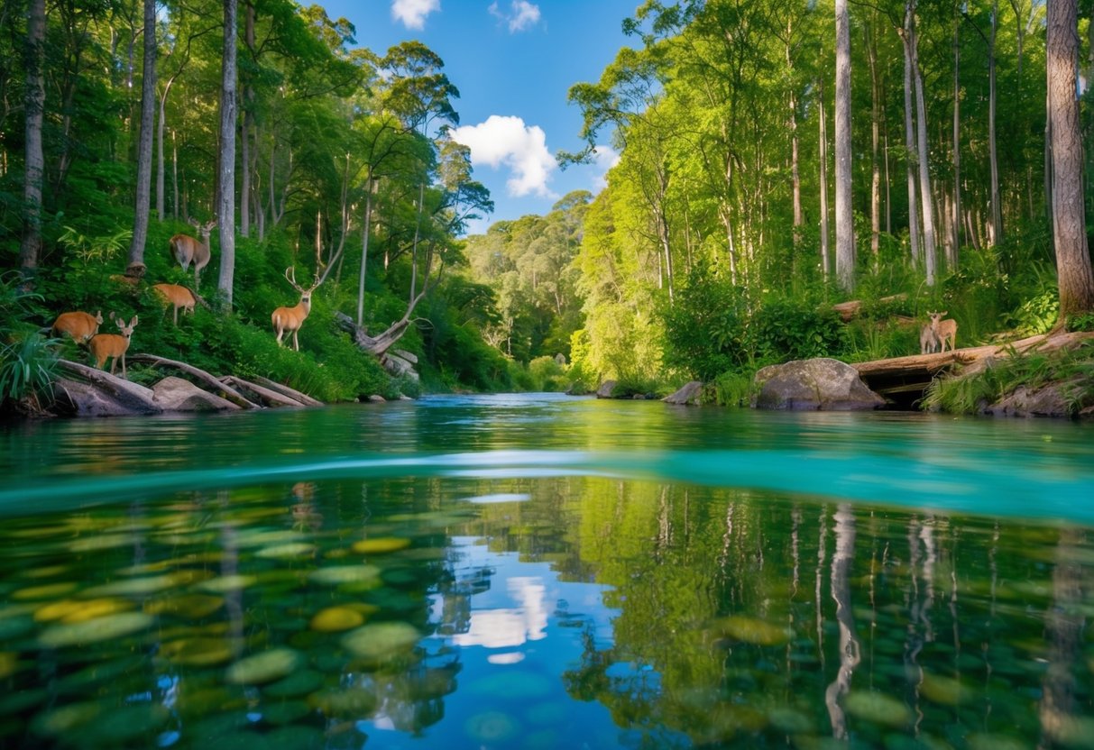 A lush forest with diverse wildlife, surrounded by clean water and clear skies. Various conservation methods are visible, such as natural barriers and non-toxic pest control