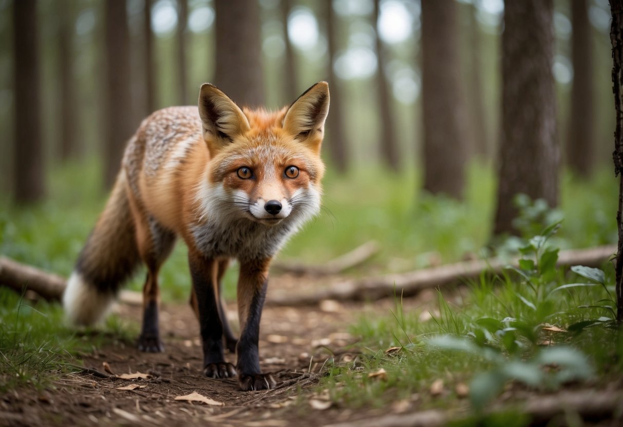 A rehabilitated fox cautiously explores the forest, its eyes wide with wonder as it takes its first steps back into the wild