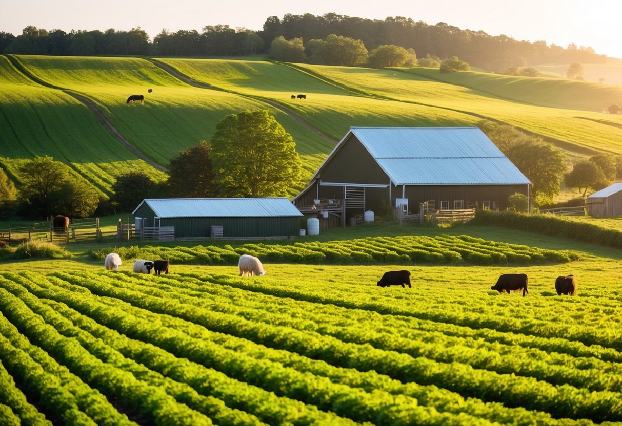 A lush, vibrant farm with rolling fields, happy animals, and sustainable practices in action. The sun is shining, and there is a sense of harmony and balance in the environment