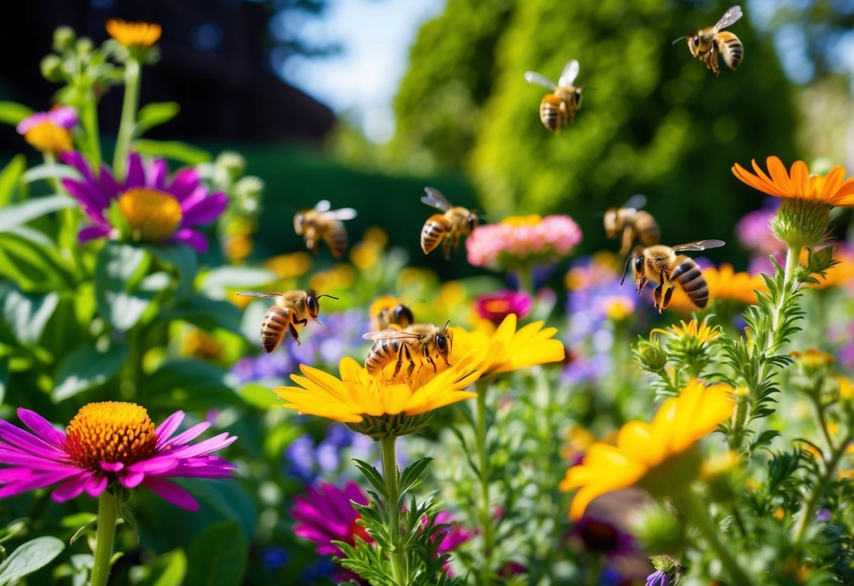 A vibrant garden with colorful flowers and buzzing bees collecting nectar from the blooms. The bees are surrounded by a variety of plants and trees, showcasing the diverse ecosystem they support