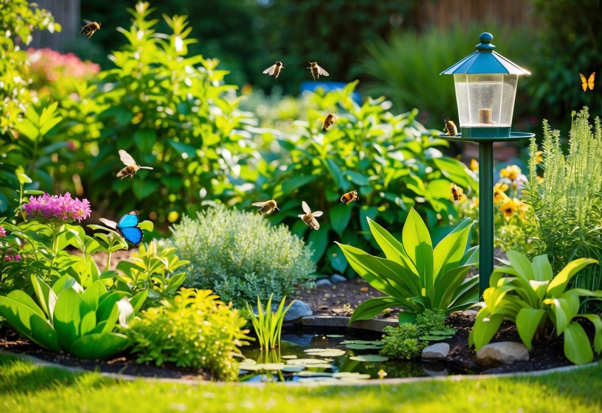 A lush backyard garden with native plants, bird feeders, and a small pond. Bees, butterflies, and birds are attracted to the natural habitat