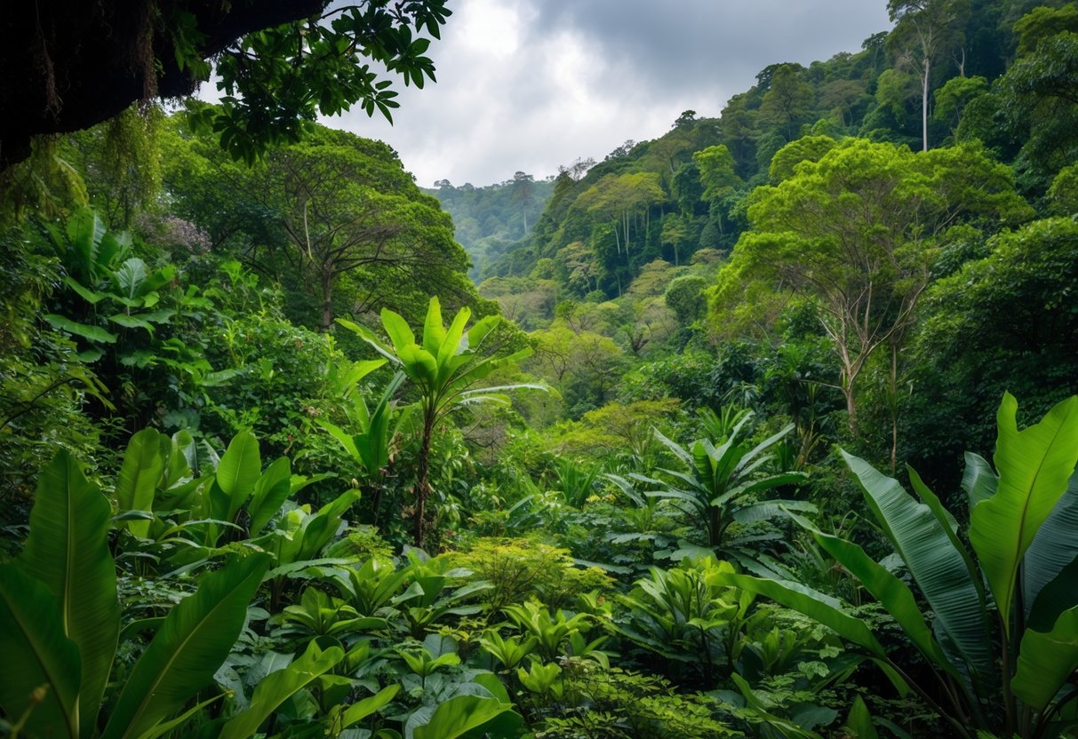 A lush forest teeming with diverse plant and animal life, with clear signs of human impact such as deforestation and habitat destruction