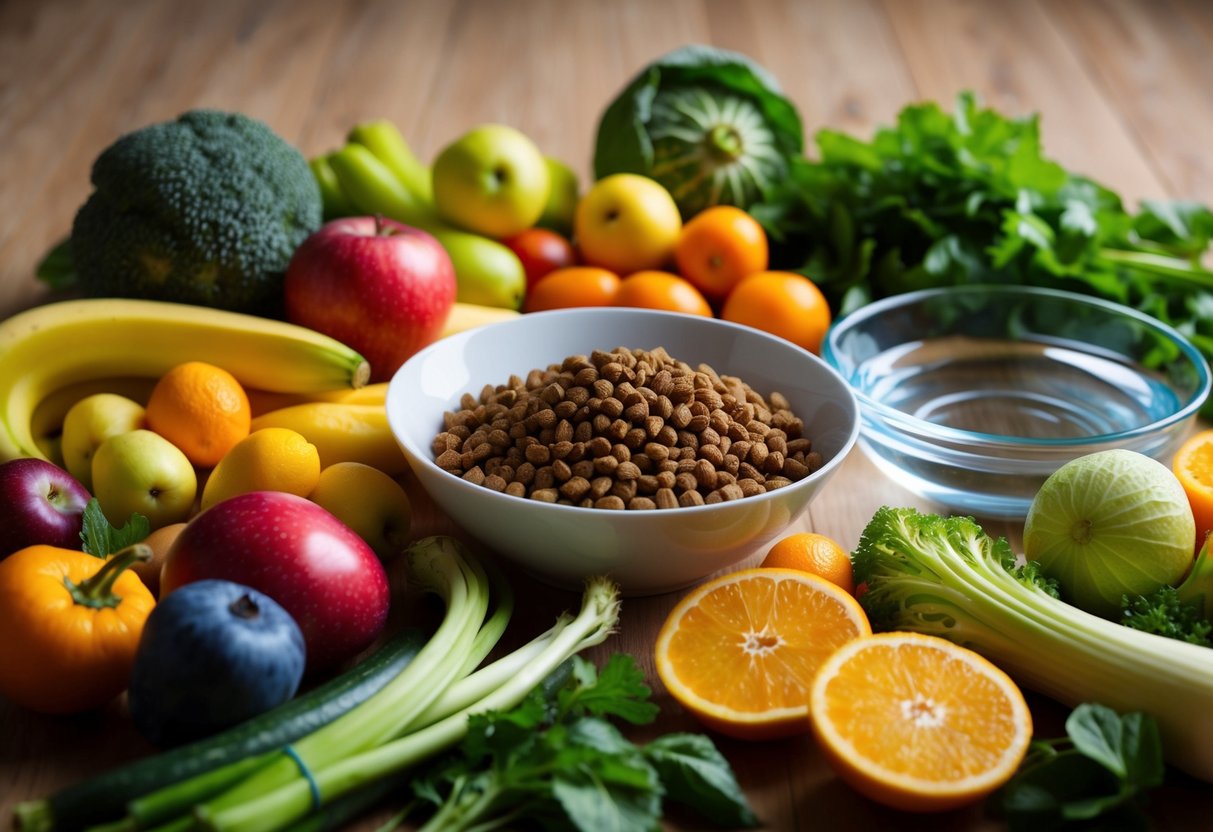 A variety of fresh fruits and vegetables arranged around a bowl of high-quality pet food, with a clear water bowl nearby