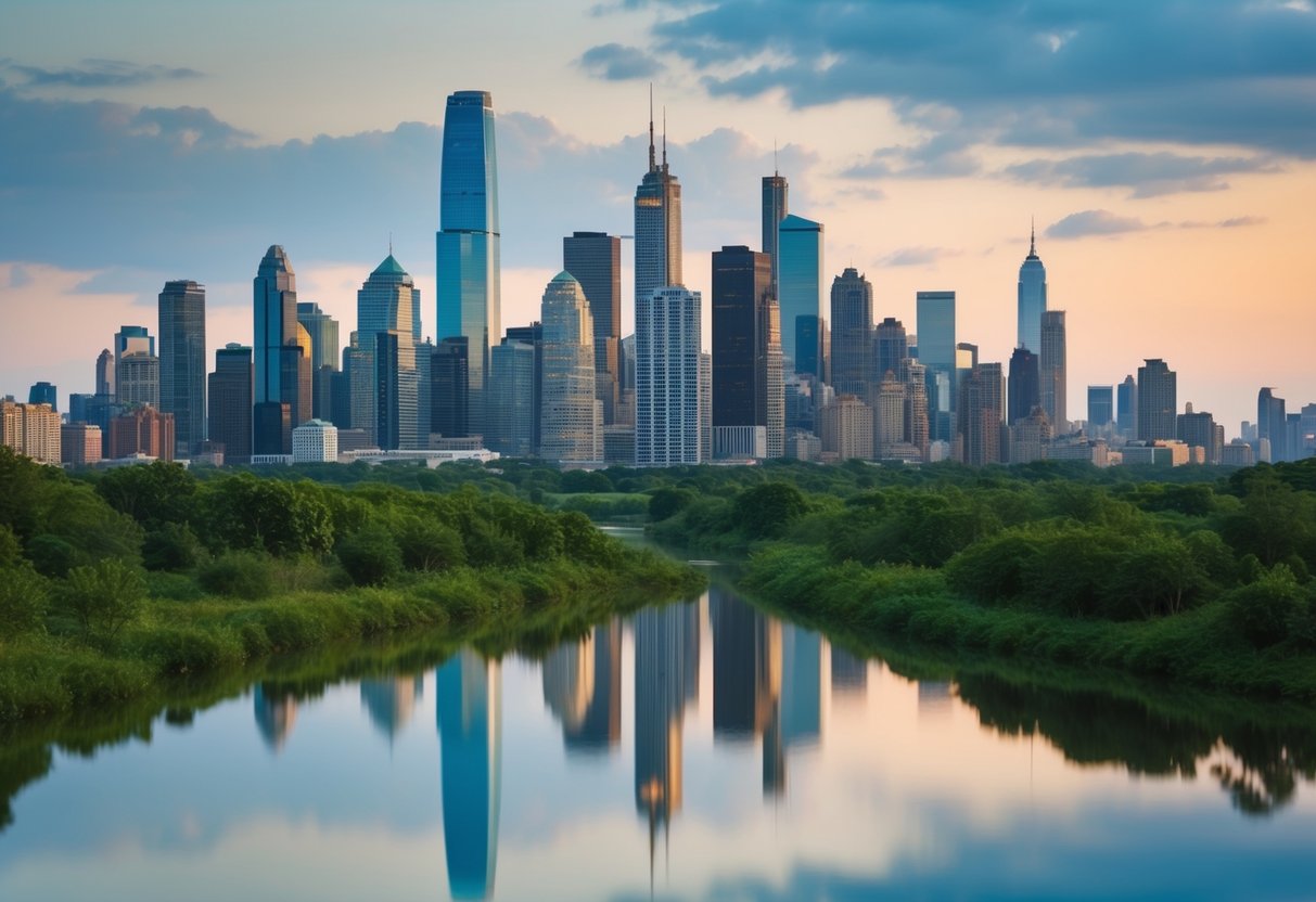 A bustling city skyline encroaches on lush greenery, displacing wildlife and disrupting natural habitats