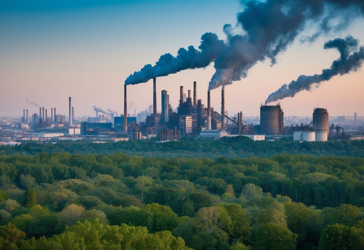 A bustling city skyline with factories emitting smoke, encroaching on a once lush forest where animals flee their diminishing habitat