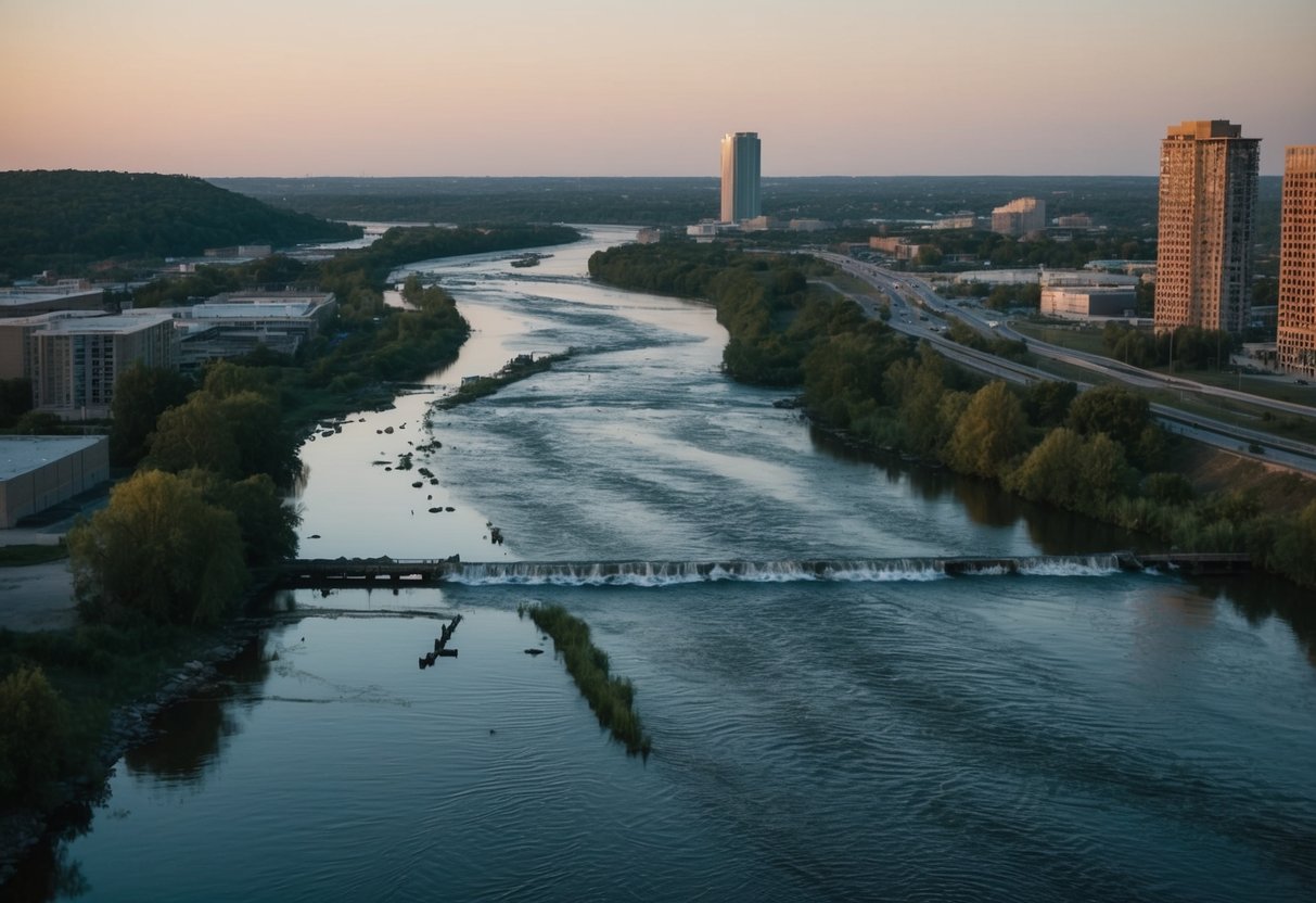 A river polluted with chemical runoff, surrounded by urban development encroaching on animal habitats