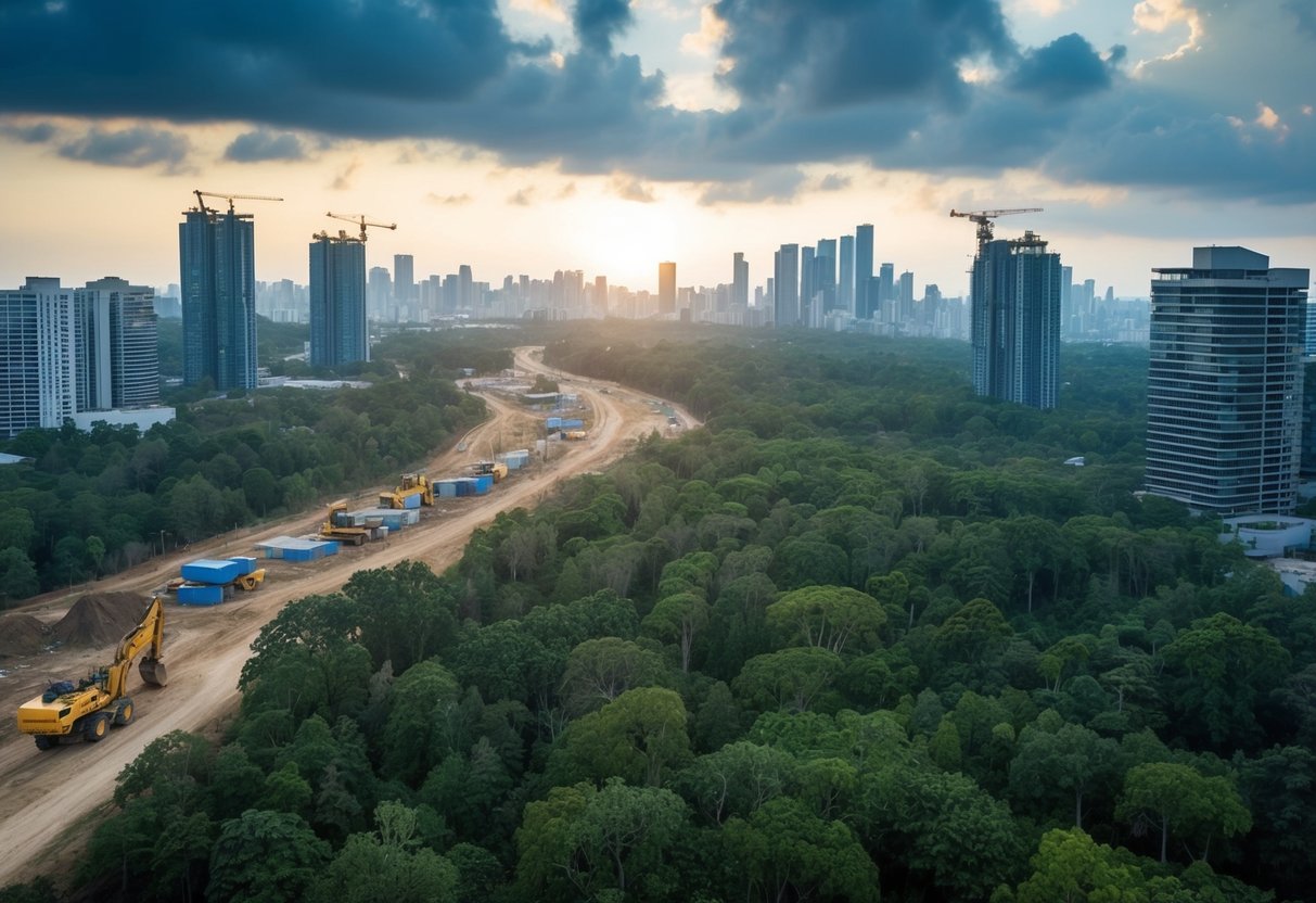 A bustling city encroaches on a lush forest, displacing wildlife and destroying their natural habitats. Trees are being cleared and construction equipment is reshaping the land