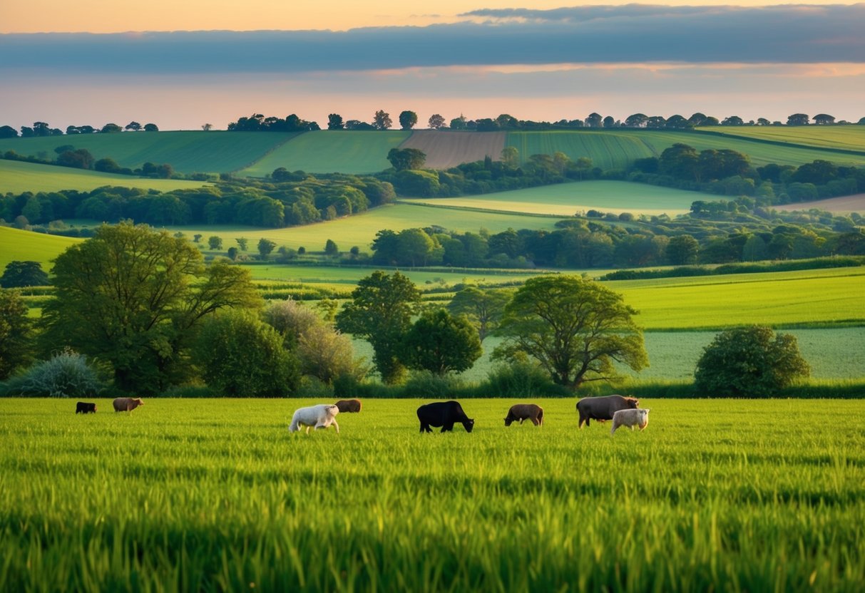 A lush, diverse landscape with a variety of wildlife coexisting alongside farmland, demonstrating the harmony between sustainable agriculture and wildlife conservation