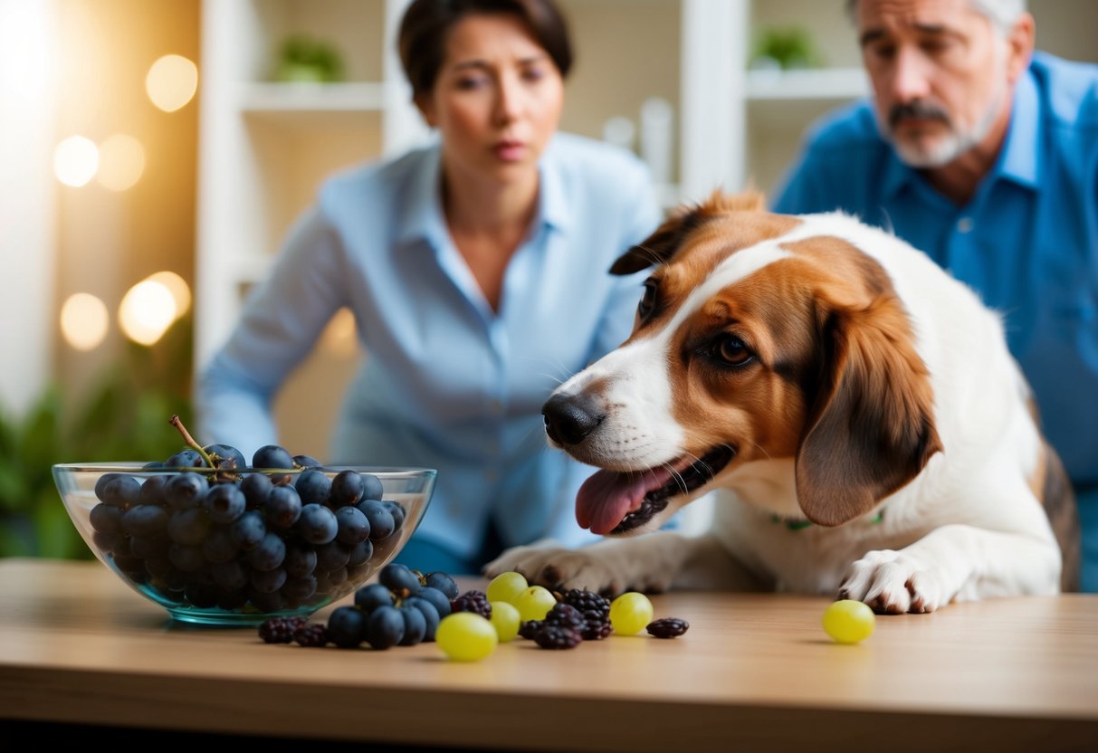 A dog knocking over a bowl of grapes and raisins, with a concerned owner in the background