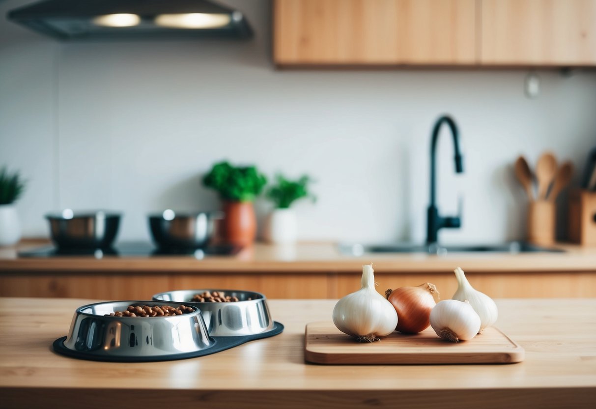 A kitchen counter with onions and garlic next to pet food bowls