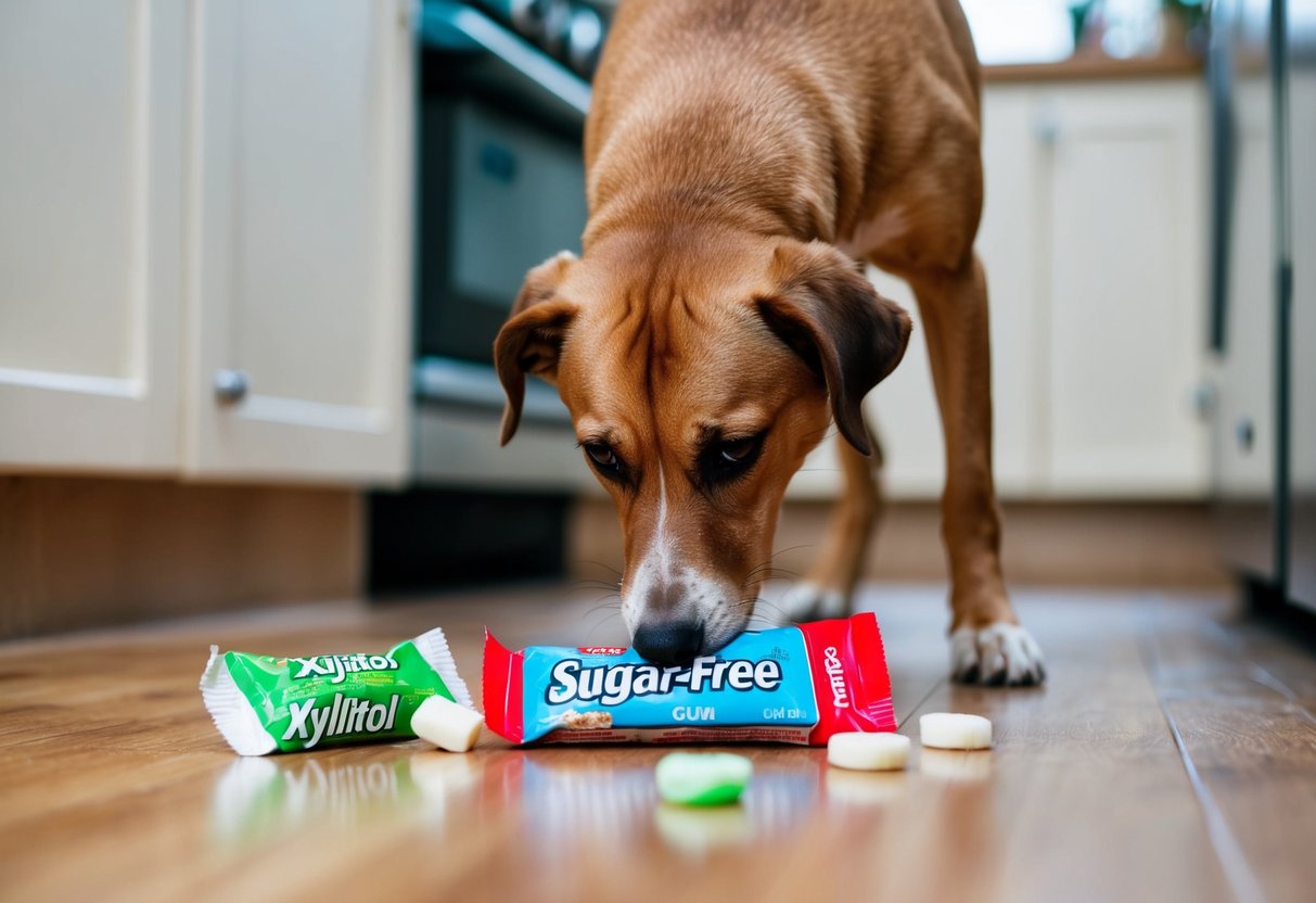 A dog sniffs a spilled pack of sugar-free gum, with Xylitol listed as an ingredient, on the kitchen floor