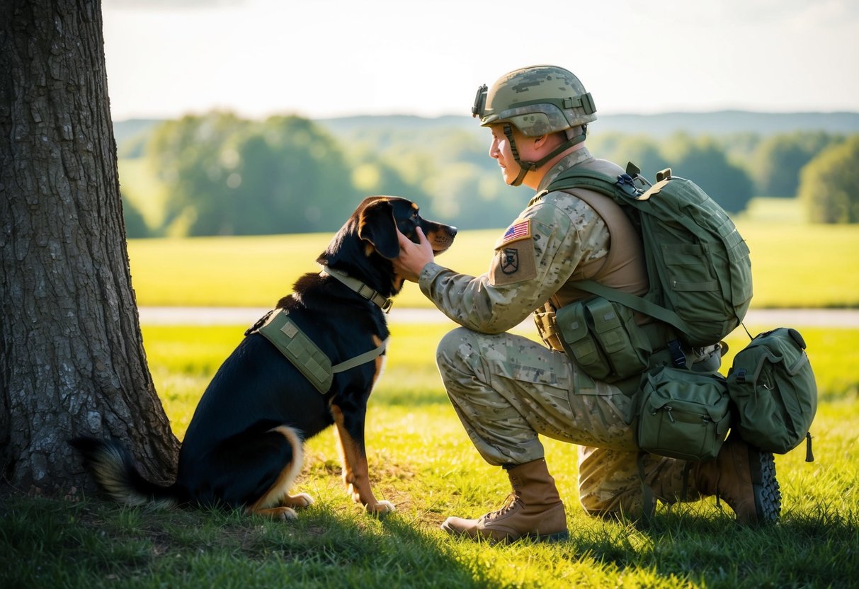 A soldier and their emotional support dog sit together, the soldier leaning against a tree, the dog nestled closely at their side, both looking out at a peaceful, sunlit landscape