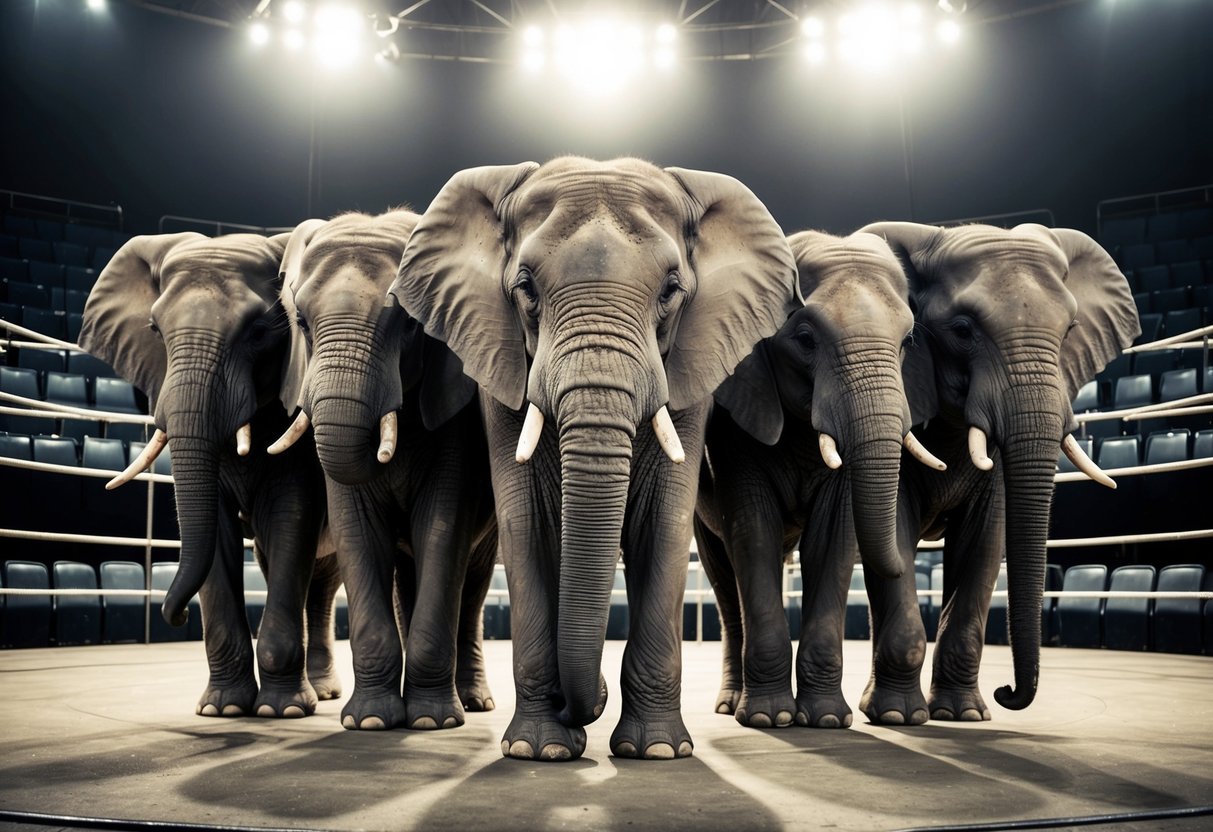 A group of elephants stand solemnly in a circus ring, their eyes reflecting a sense of sadness and resignation. The harsh lights and empty seats serve as a stark contrast to the majestic creatures