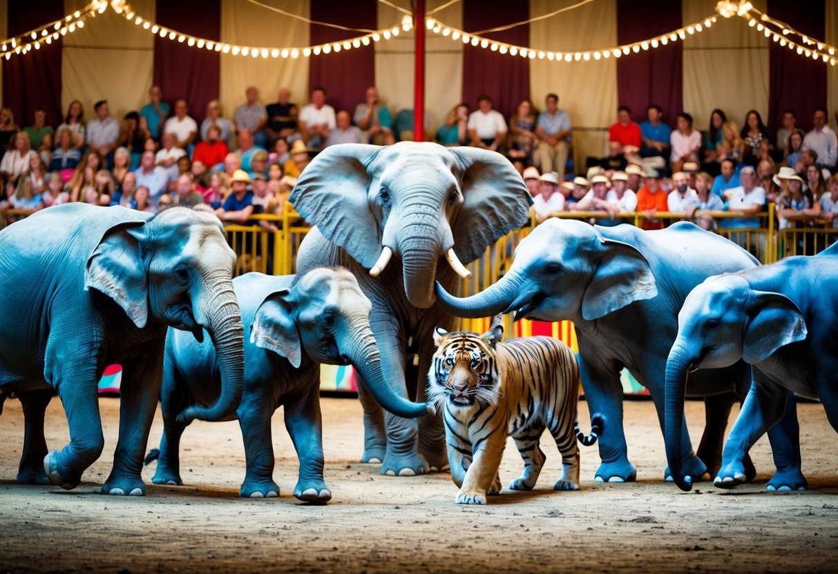 A group of captive animals, including elephants, tigers, and dolphins, perform in front of a large crowd in a circus-like setting