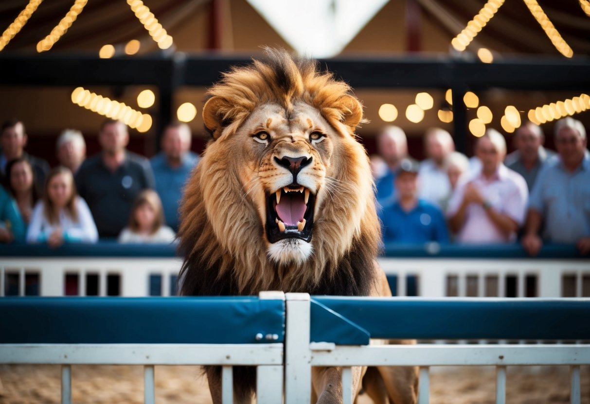 A majestic lion roars in a circus cage, surrounded by onlookers