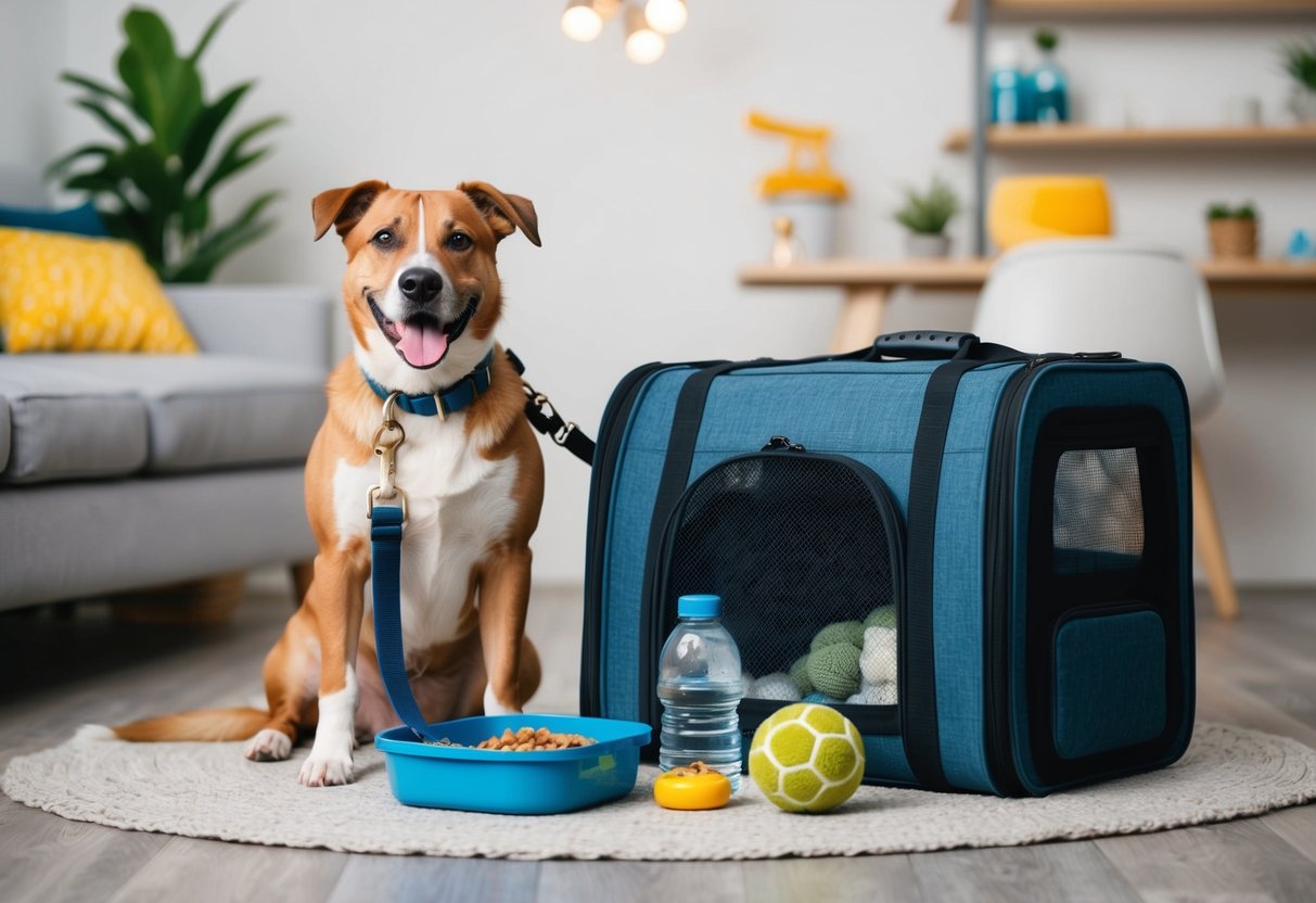 A happy dog with a leash and collar sits next to a travel carrier, surrounded by pet travel essentials such as food, water, and toys