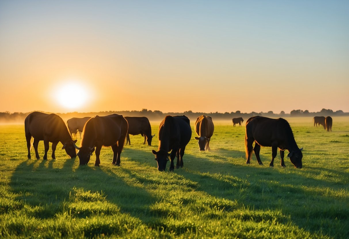 Animals grazing freely on a spacious, green pasture, with clear blue skies and a warm, golden sunlight shining down on them