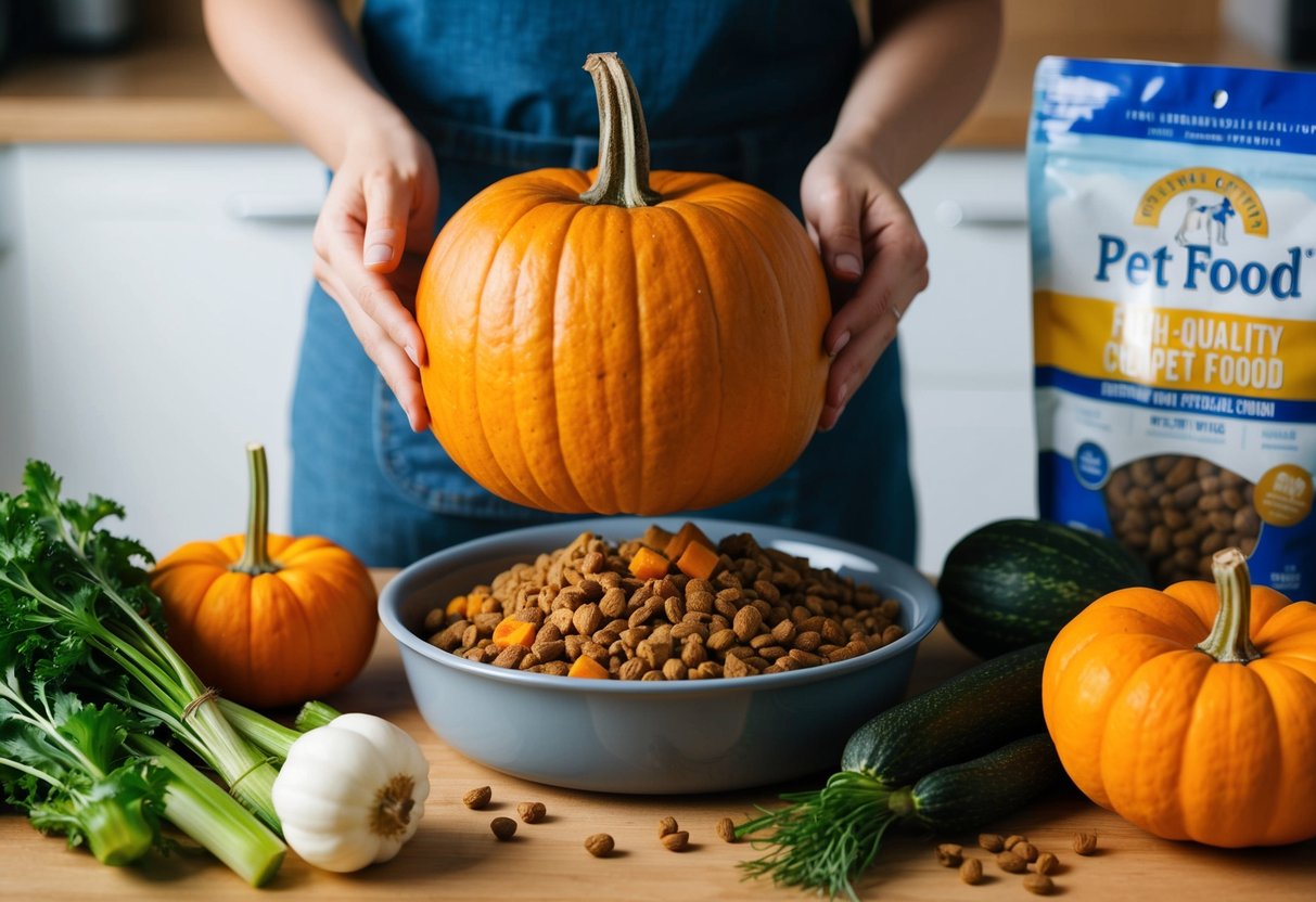 A pumpkin being added to a bowl of pet food, surrounded by fresh vegetables and a bag of high-quality pet food