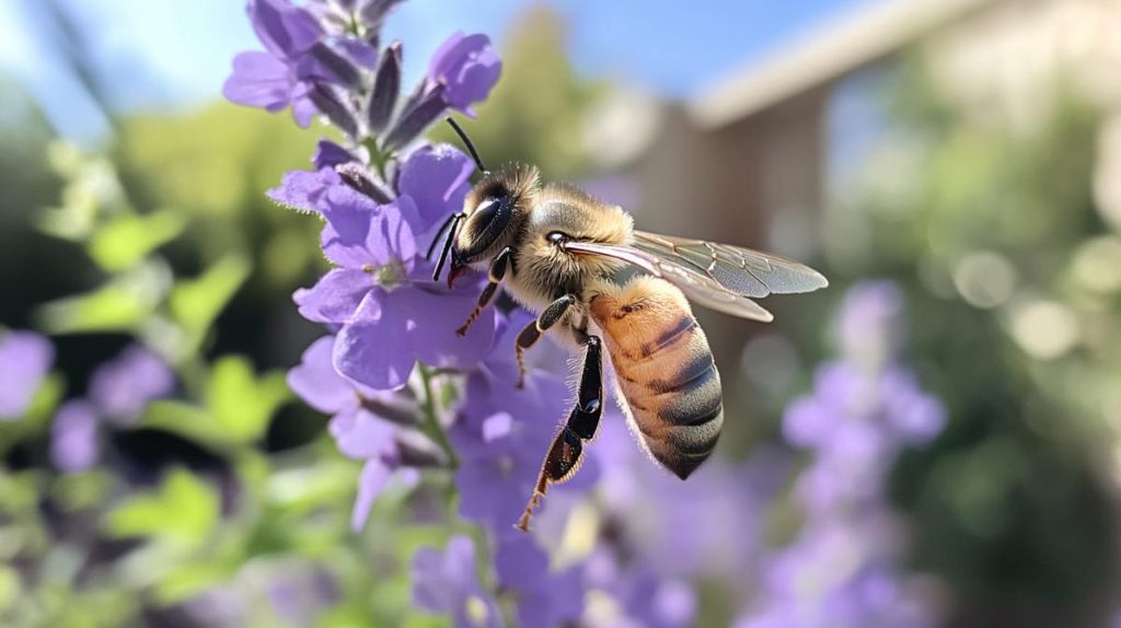 A bee pollinating plants in the backyard