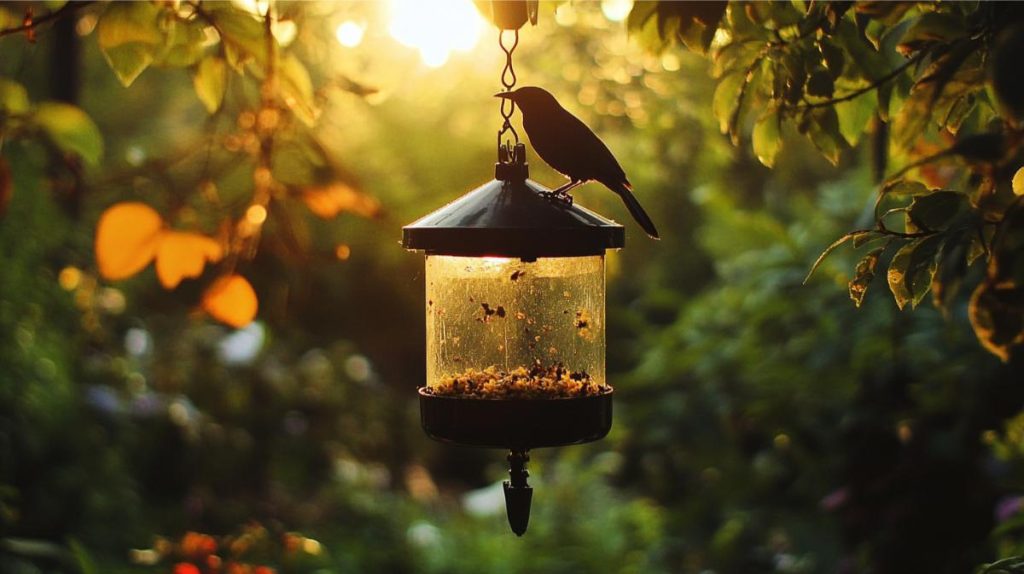 A bird on top of a bird feeder