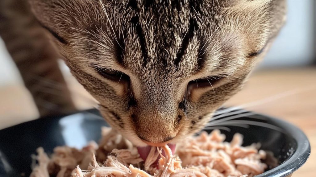 A cat eating shredded chicken