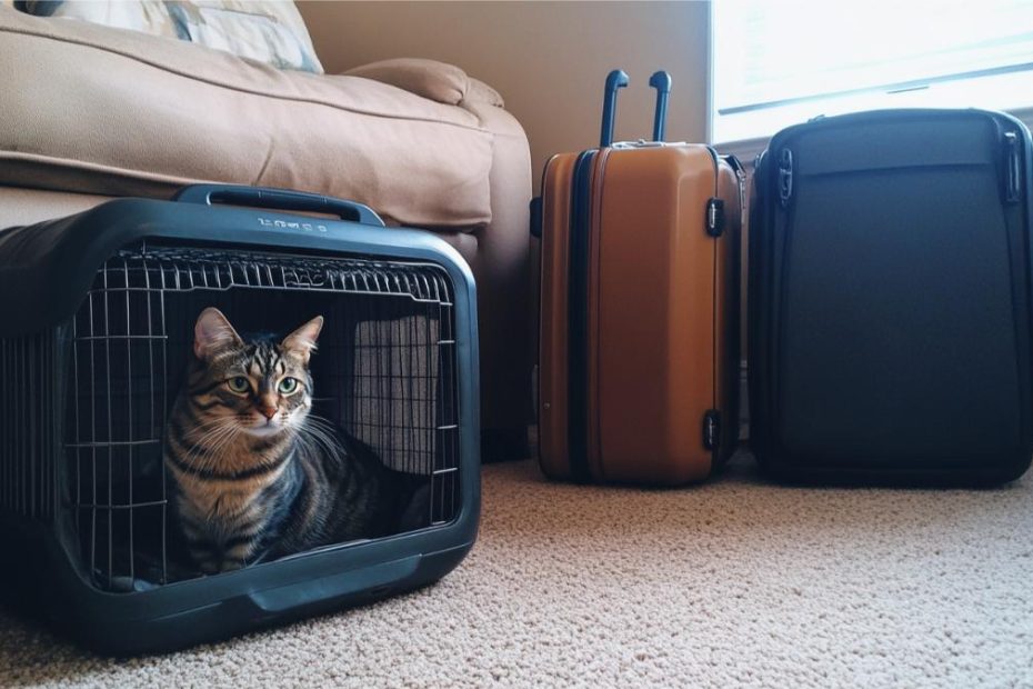 A cat in a pet carrier next to suitcases