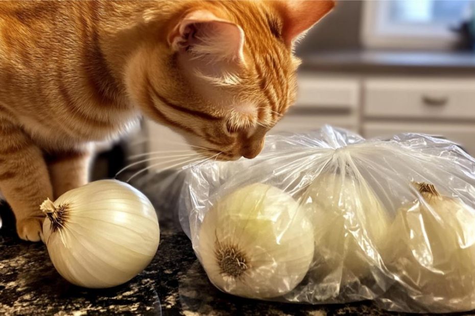 A cat on the counter checking out a bag of onions