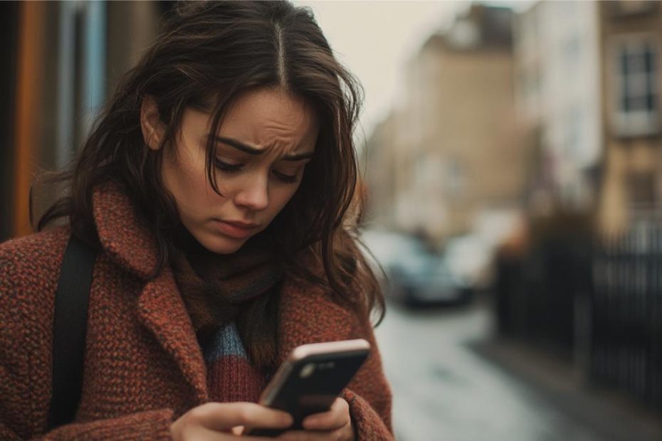 A concerned woman looking at her phone