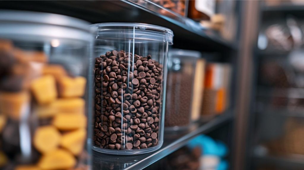 A container of chocolate chips on a pantry shelf