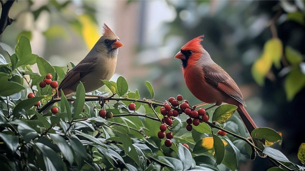 A couple of birds perched on a berry bush