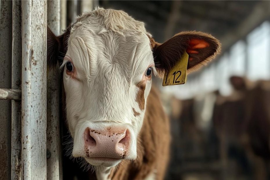 A cow in a factory farm