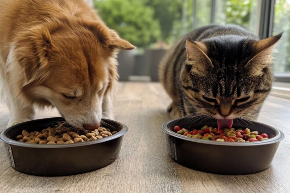 A dog and cat eating out of food bowls next to each other