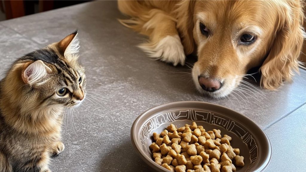 A dog and cat near a bowl of pet food