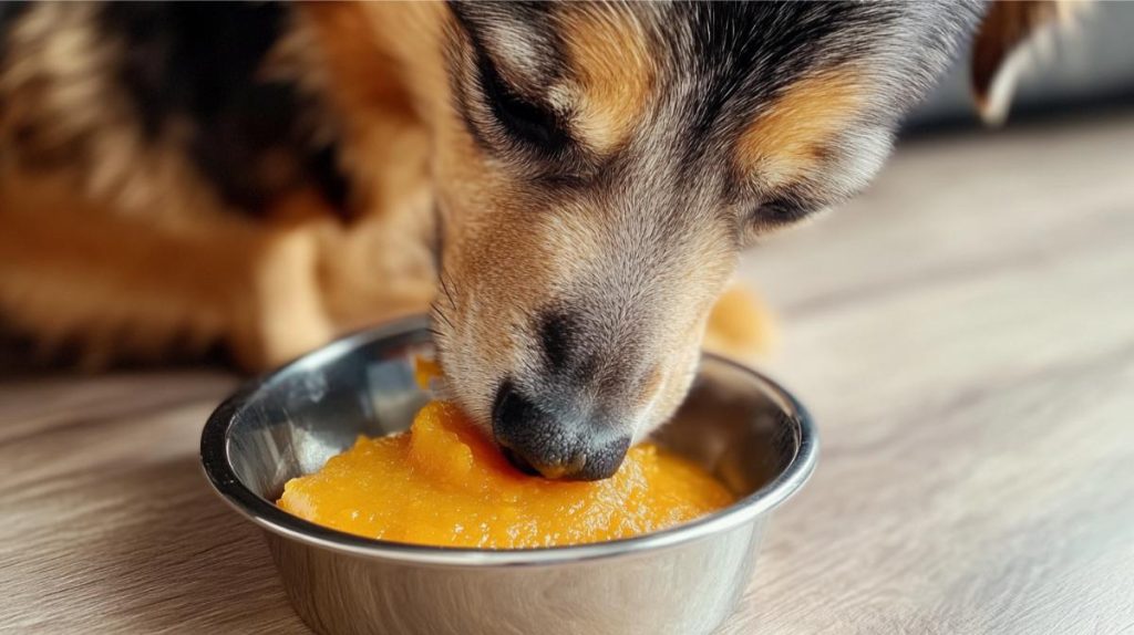 A dog eating a small amount of pumpkin puree