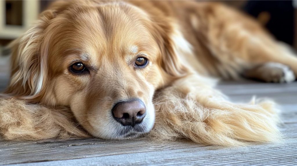 A dog laying on top of fur after being brushed