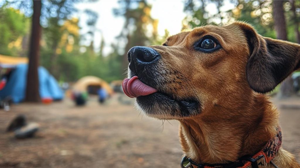 A dog lipping its lips after eating