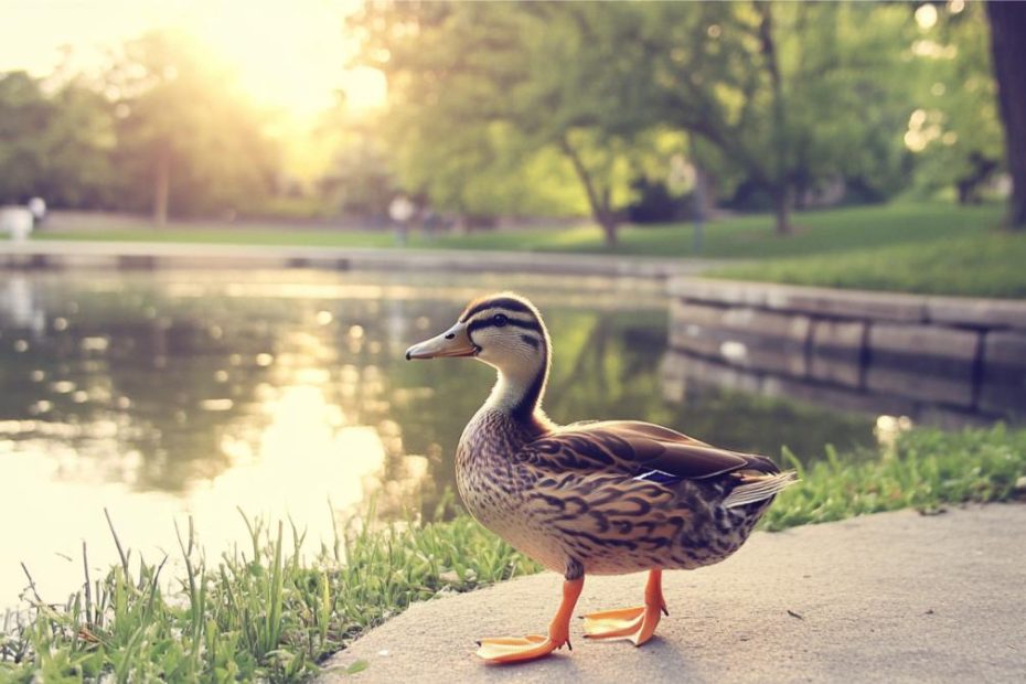 A duck on the sidewalk near a pond