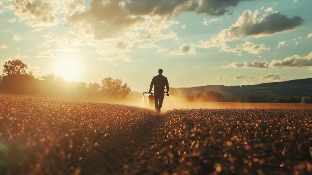 A farmer spraying pesticides on a field of crops