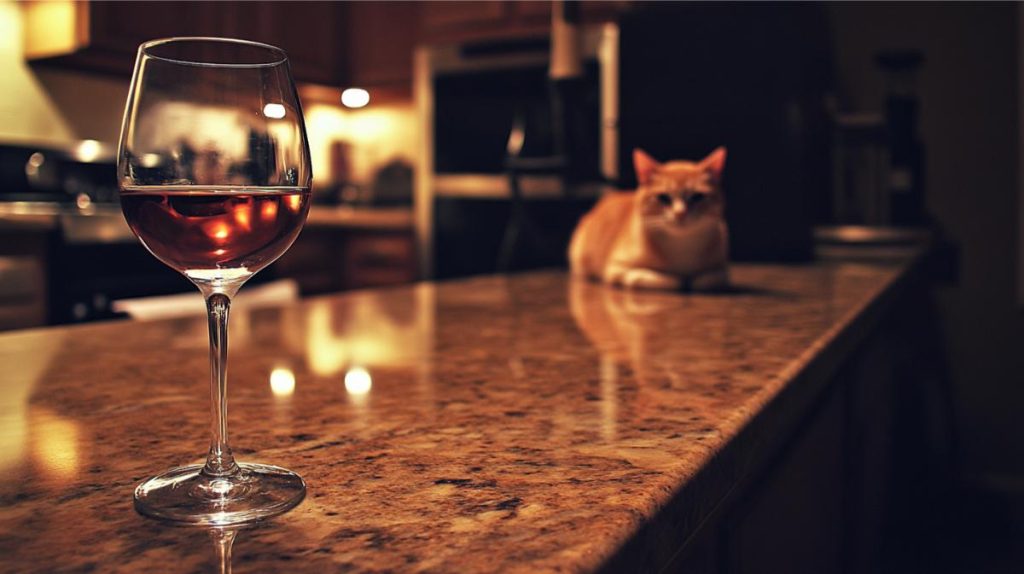 A glass of wine on the counter with a cat in the background